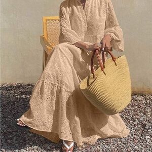 Eyelet Midi Dress Neutral Beige Boho Cottagecore Button Front